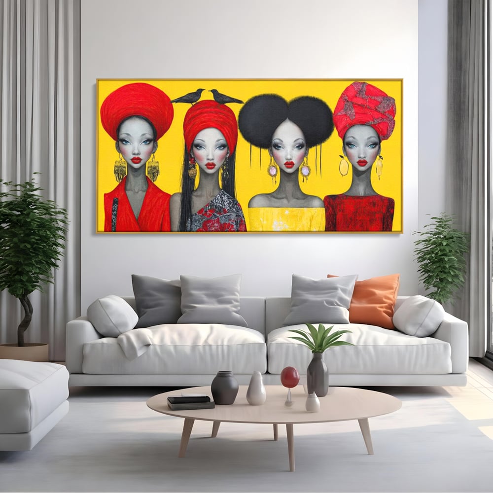 Tablou canvas cu ilustratie canvas cu patru femei stilizate, in rama de aluminiu auriu, pe perete intr-un living